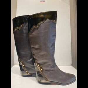 Brunella brown knee hi flat boot with details